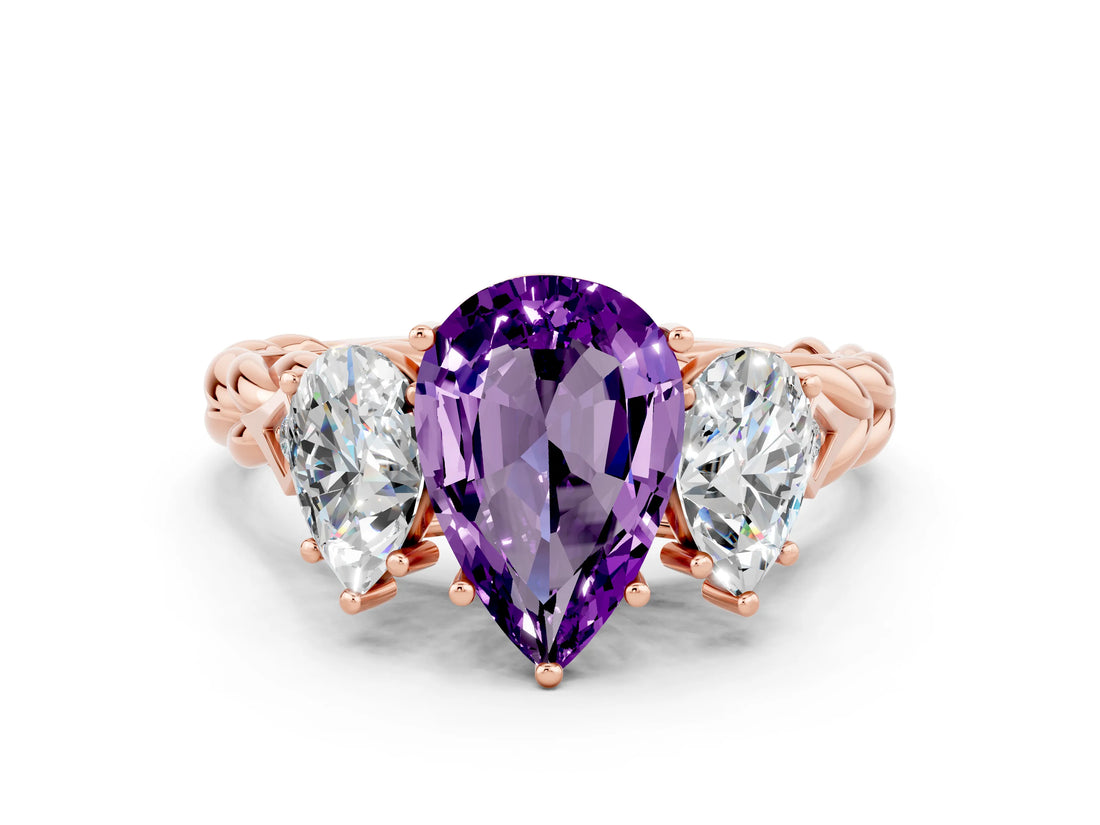 Rose gold Three-Stone Pear Cut Amethyst Braided Band Ring with Four-Prong Setting_12