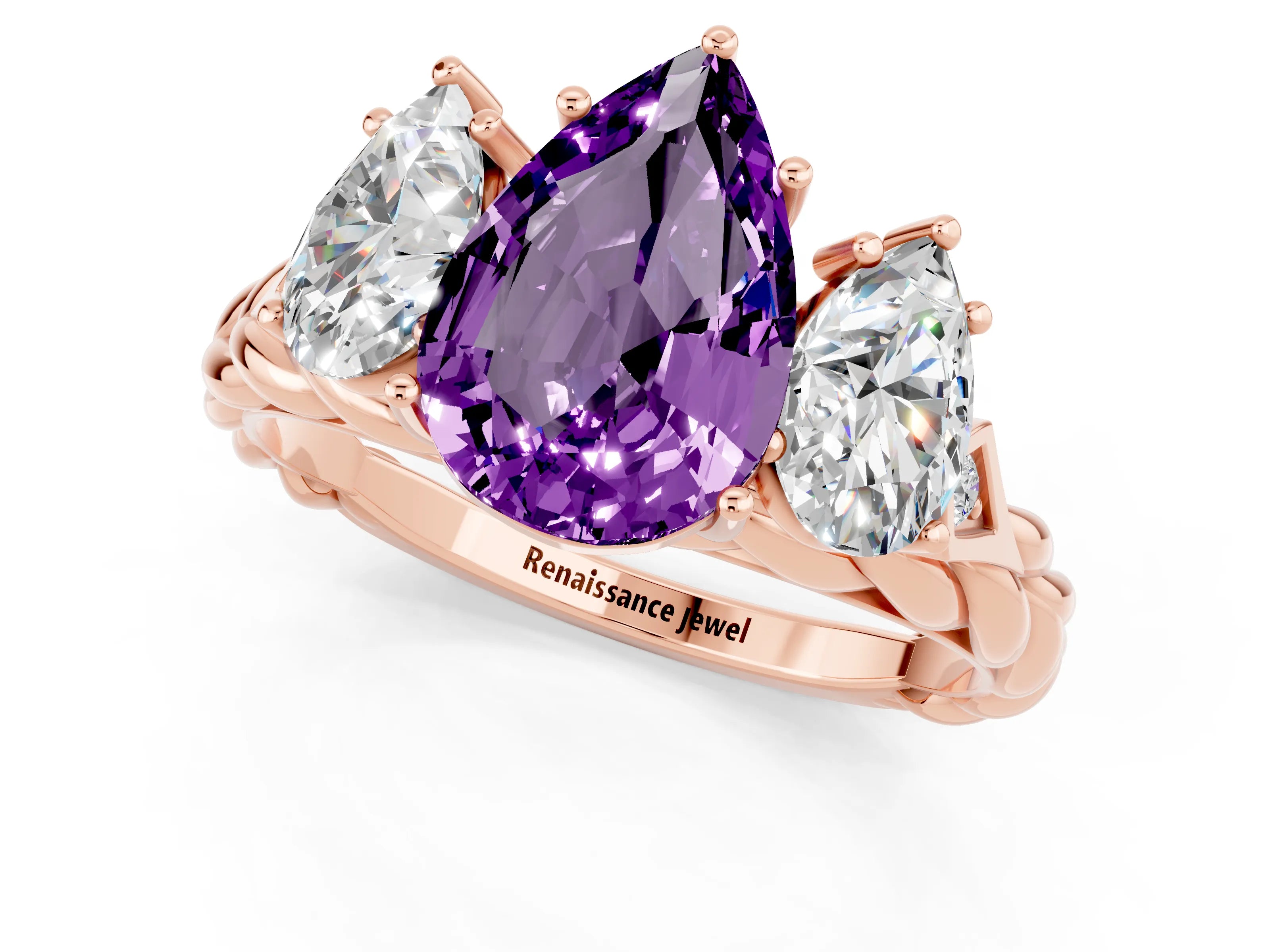 Rose gold Three-Stone Pear Cut Amethyst Braided Band Ring with Four-Prong Setting_13