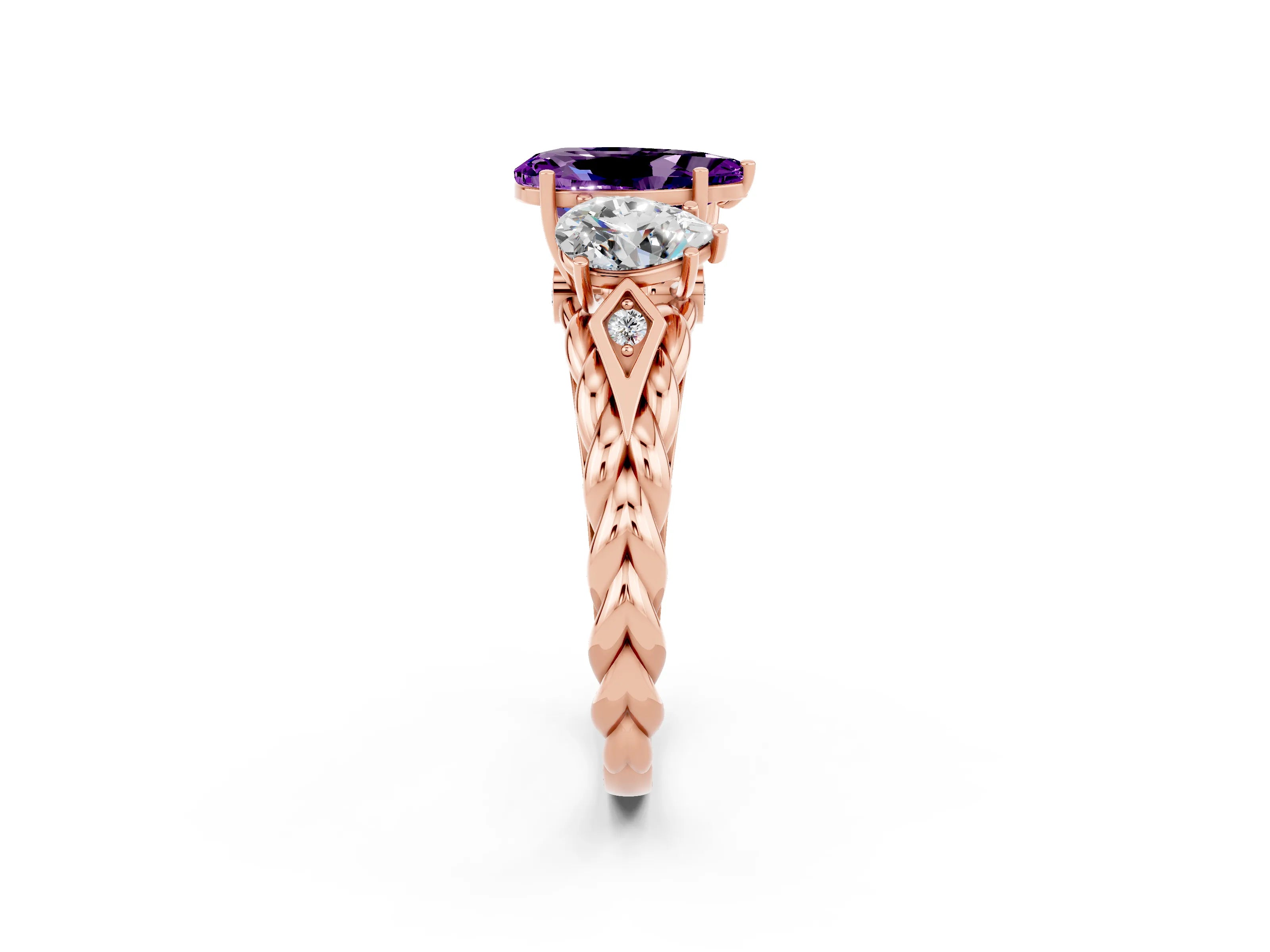 Rose gold Three-Stone Pear Cut Amethyst Braided Band Ring with Four-Prong Setting_14