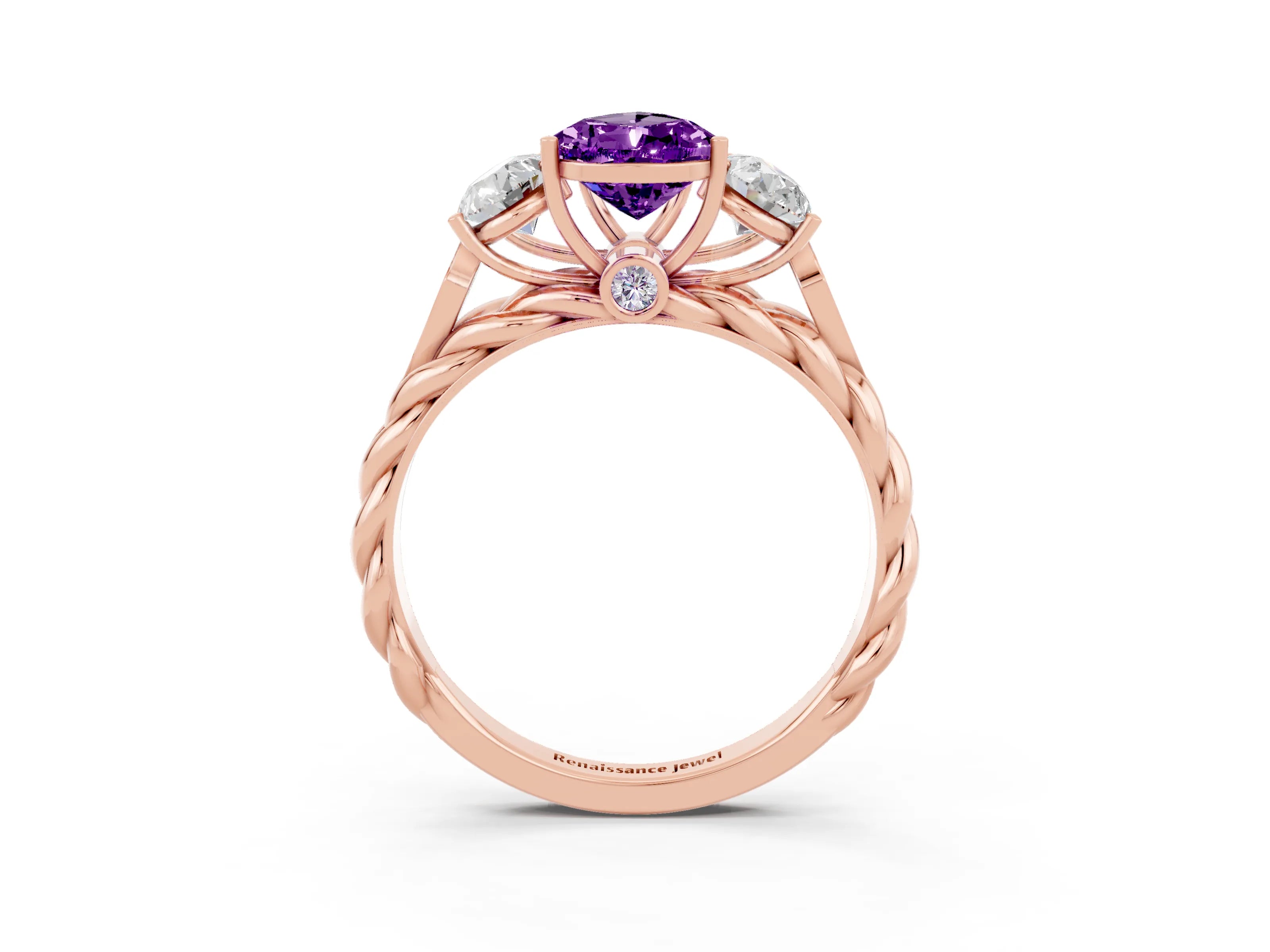 Rose gold Three-Stone Pear Cut Amethyst Braided Band Ring with Four-Prong Setting_15
