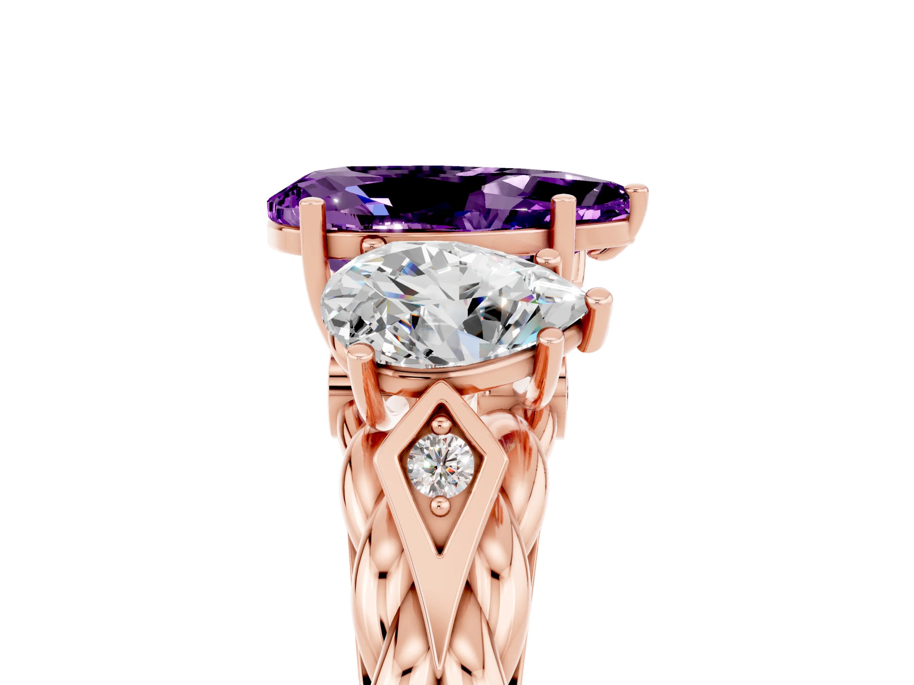 Rose gold Three-Stone Pear Cut Amethyst Braided Band Ring with Four-Prong Setting_17