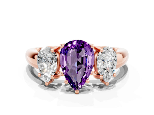 Rose gold Three-Stone Pear Cut Amethyst Engagement Ring with Prong Setting