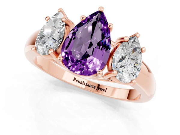 Rose gold Three-Stone Pear Cut Amethyst Engagement Ring with Prong Setting
