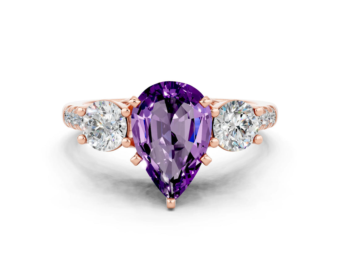 Rose gold Three-Stone Pear Cut Amethyst Pavé Band with Four-Prong Setting