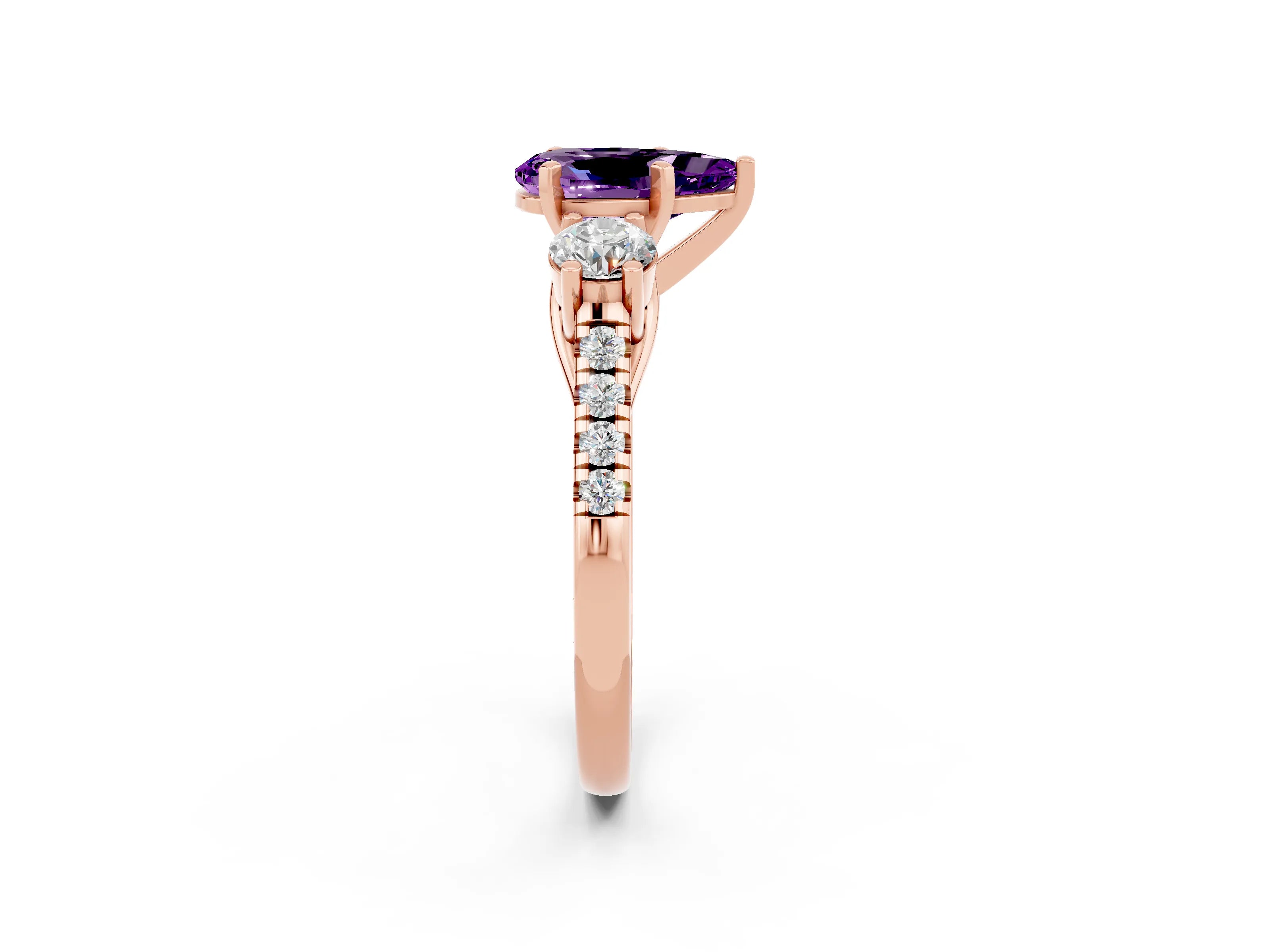 Rose gold Three-Stone Pear Cut Amethyst Pavé Band with Four-Prong Setting_2