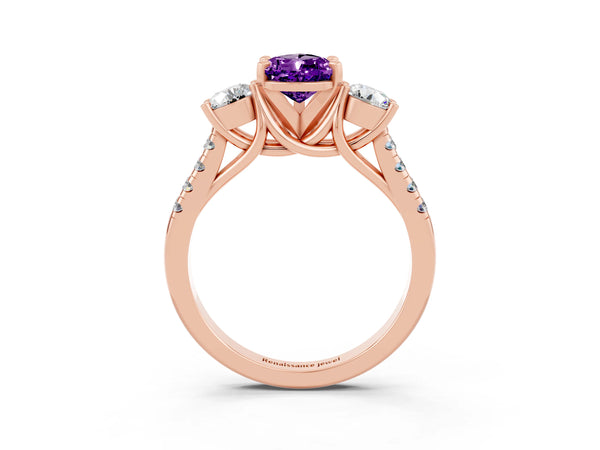 Rose gold Three-Stone Pear Cut Amethyst Pavé Band with Four-Prong Setting
