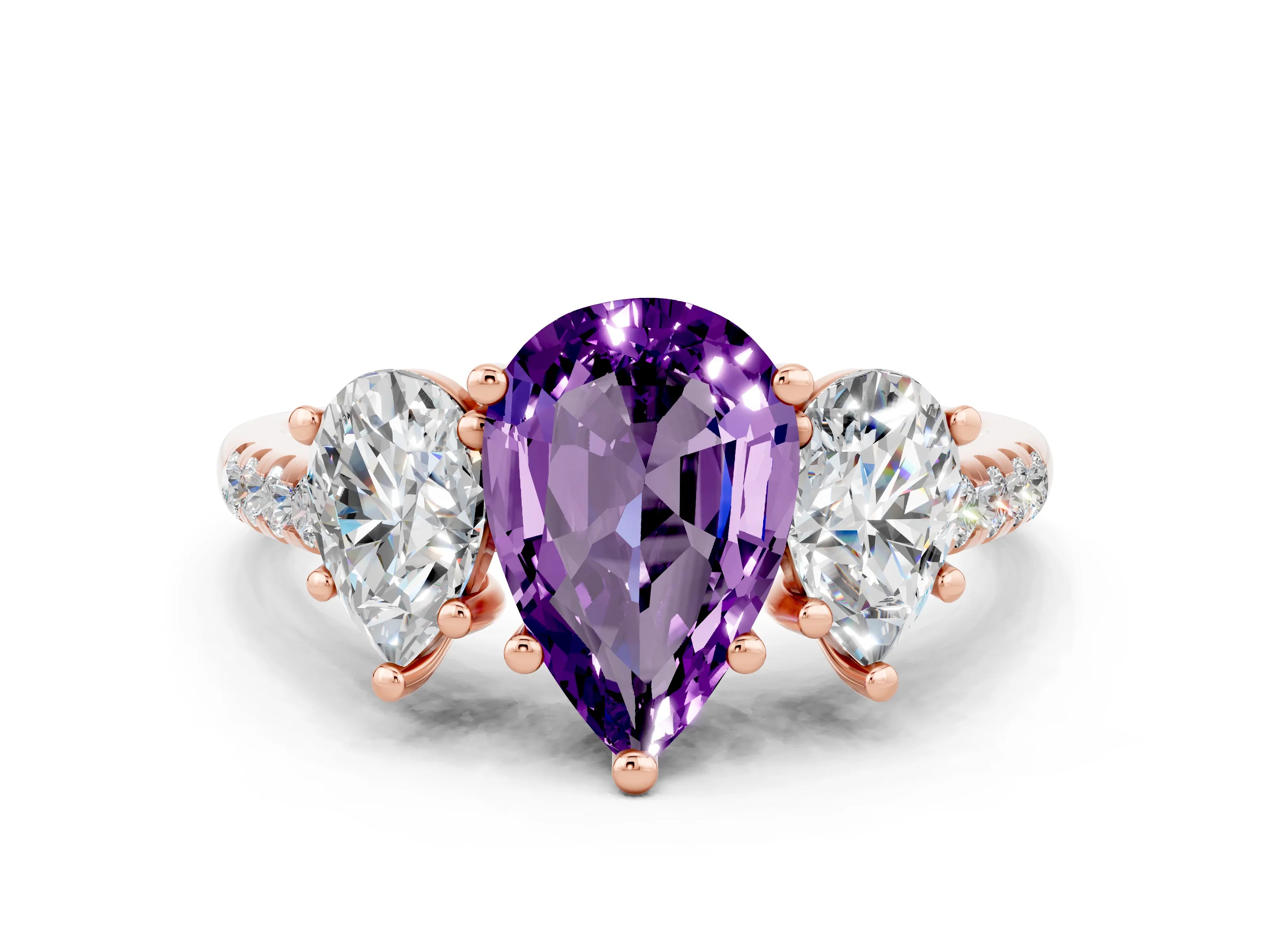 Rose gold Three-Stone Pear Cut Amethyst Ring with Pavé Band and Prong Setting_12