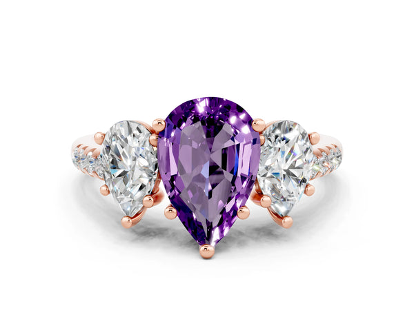 Rose gold Three-Stone Pear Cut Amethyst Ring with Round  Pavé Band and Prong Setting