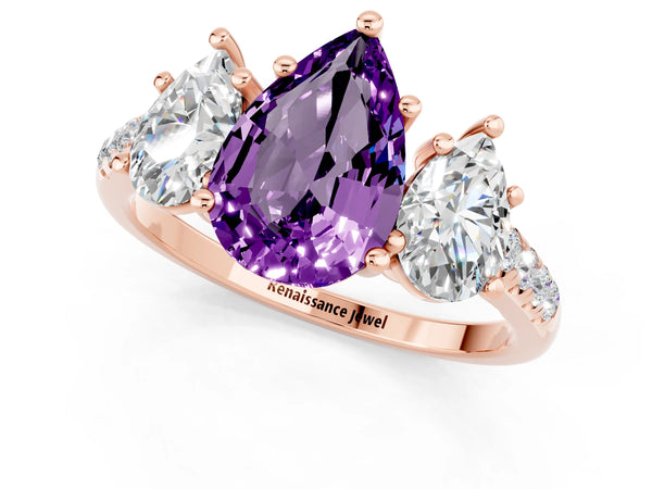 Rose gold Three-Stone Pear Cut Amethyst Ring with Round  Pavé Band and Prong Setting