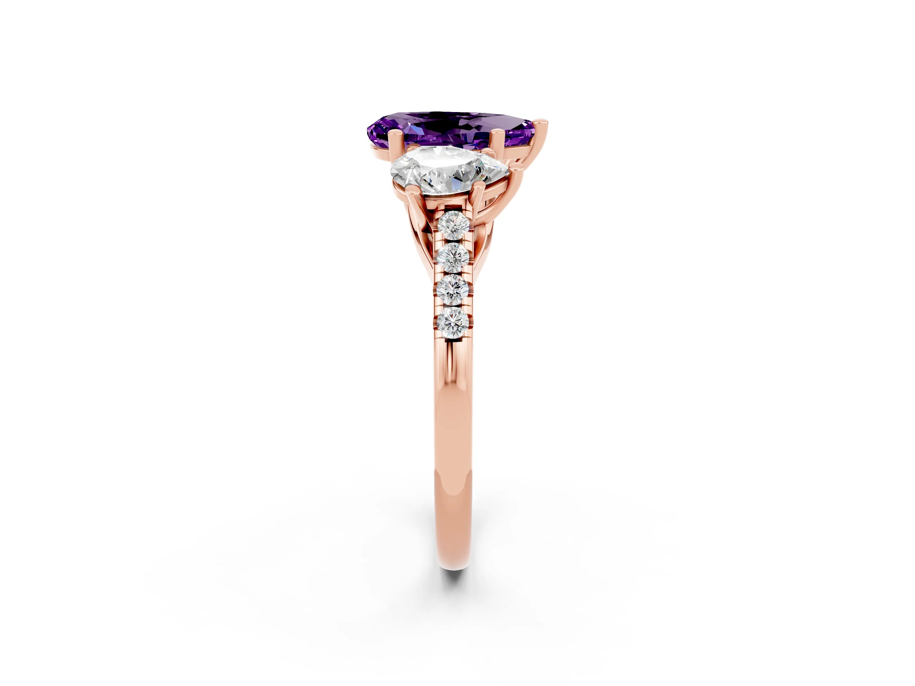 Rose gold Three-Stone Pear Cut Amethyst Ring with Pavé Band and Prong Setting_14