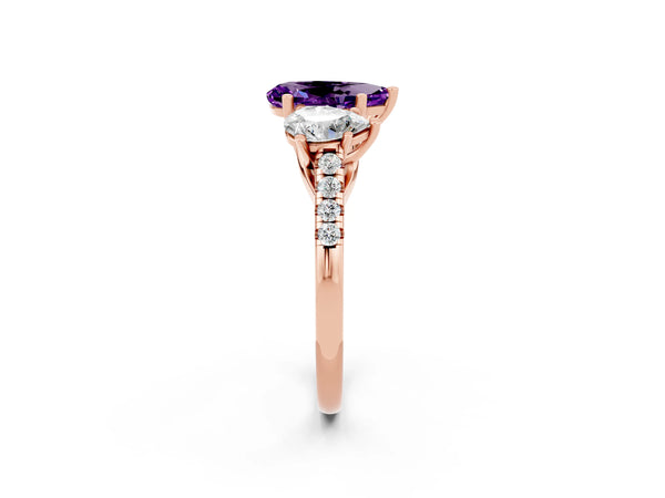 Rose gold Three-Stone Pear Cut Amethyst Ring with Round  Pavé Band and Prong Setting