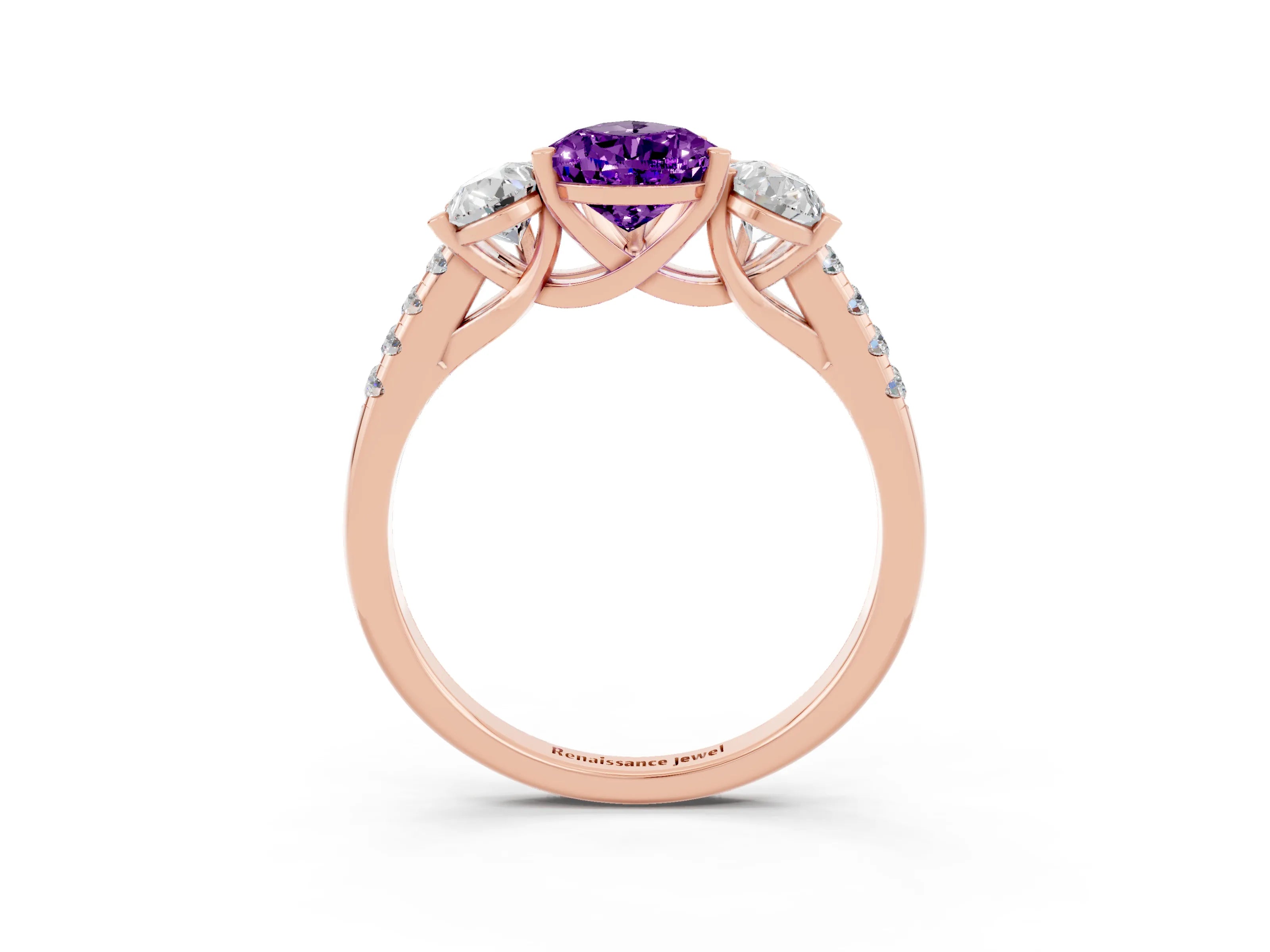 Rose gold Three-Stone Pear Cut Amethyst Ring with Pavé Band and Prong Setting_15