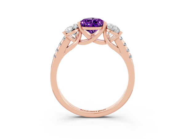 Rose gold Three-Stone Pear Cut Amethyst Ring with Round  Pavé Band and Prong Setting
