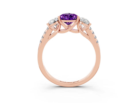 Rose gold Three-Stone Pear Cut Amethyst Ring with Pavé Band and Prong Setting_15