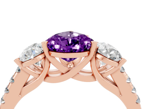 Rose gold Three-Stone Pear Cut Amethyst Ring with Pavé Band and Prong Setting_16