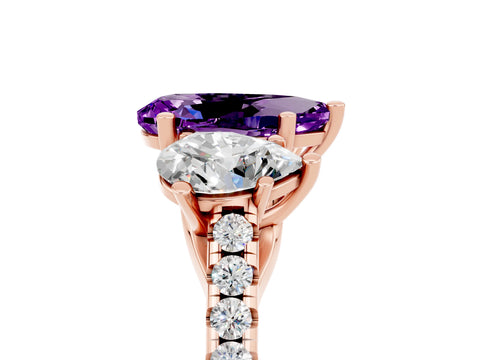 Rose gold Three-Stone Pear Cut Amethyst Ring with Pavé Band and Prong Setting_17