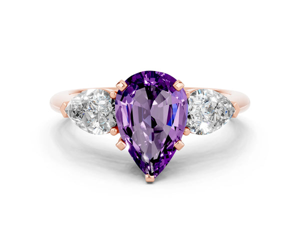 Rose gold Three-Stone Pear Cut Amethyst Ring with Pear Side Stones and Four-Prong Setting
