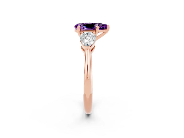 Rose gold Three-Stone Pear Cut Amethyst Ring with Pear Side Stones and Four-Prong Setting