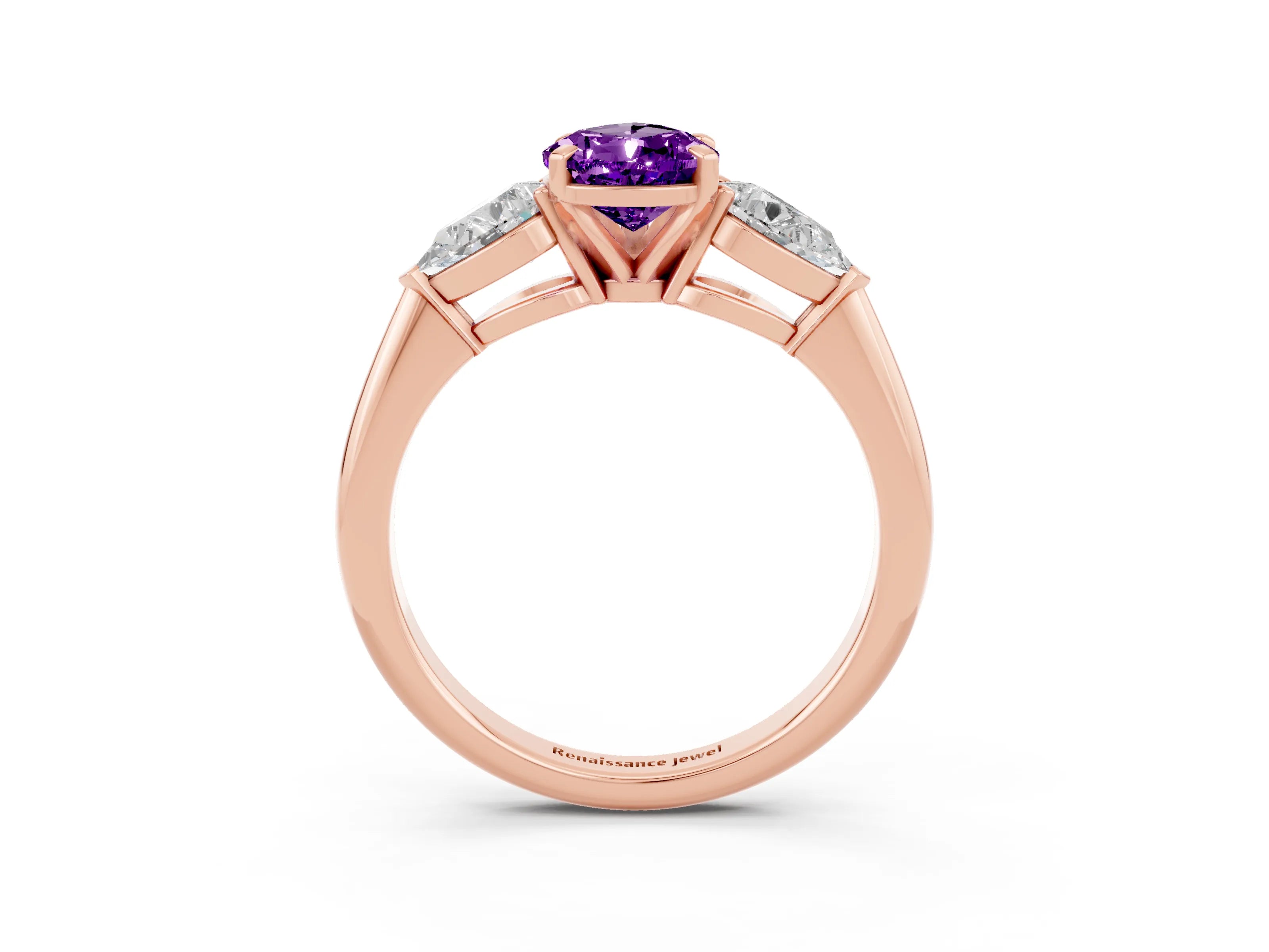 Rose gold Three-Stone Pear Cut Amethyst Ring with Pear Side Stones and Four-Prong Setting_3