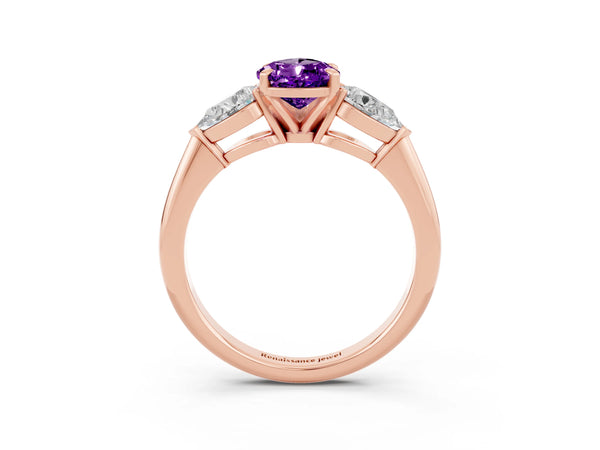 Rose gold Three-Stone Pear Cut Amethyst Ring with Pear Side Stones and Four-Prong Setting