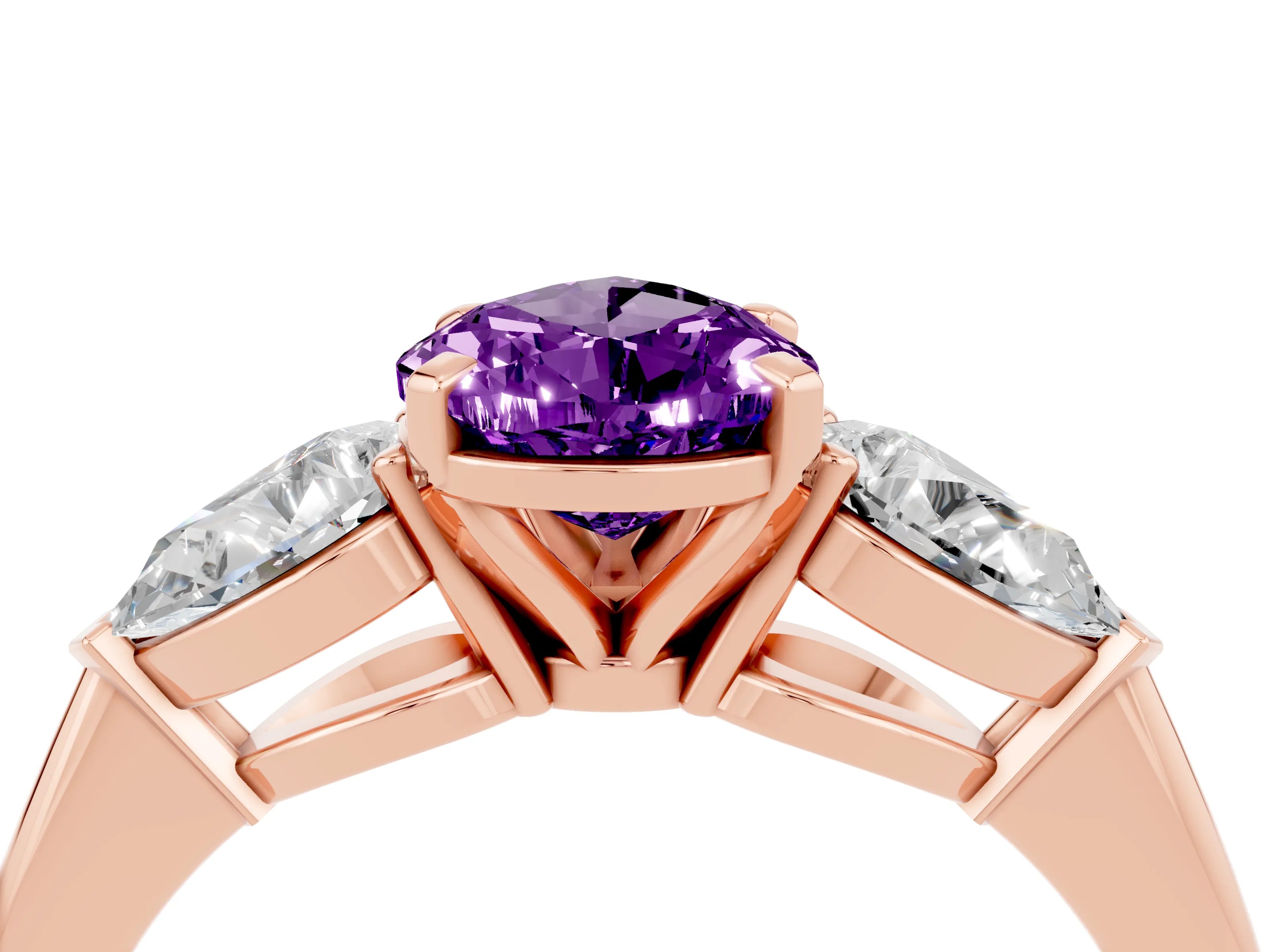 Rose gold Three-Stone Pear Cut Amethyst Ring with Pear Side Stones and Four-Prong Setting_4