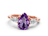 Rose gold Three-Stone Pear Cut Amethyst Ring with Pear  Side Stones in Four-Prong Setting_12