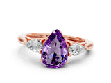 Rose gold Three-Stone Pear Cut Amethyst Ring with Pear  Side Stones in Four-Prong Setting_36
