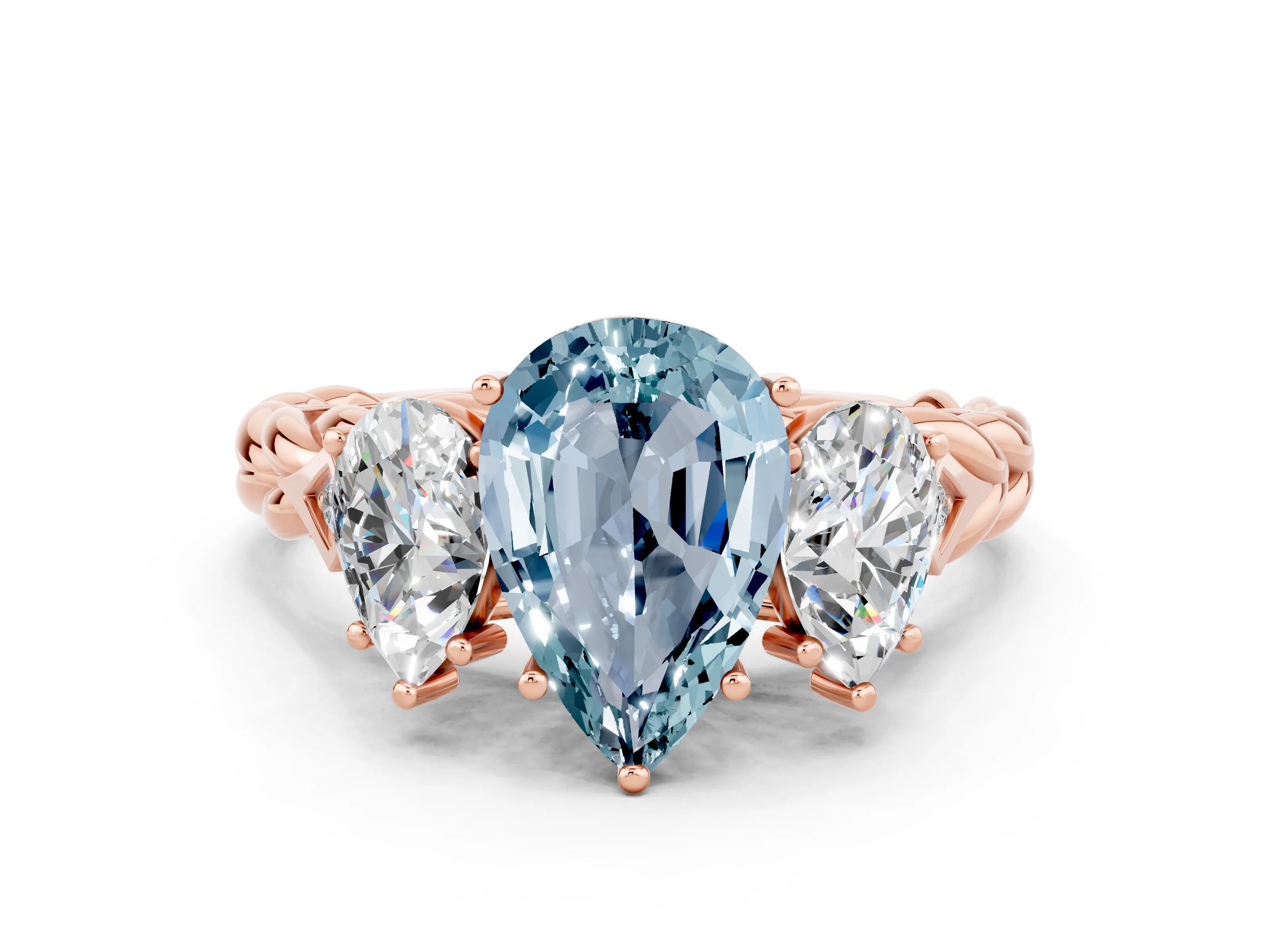 Rose gold Three-Stone Pear Cut Aquamarine Braided Band Ring with Four-Prong Setting_12
