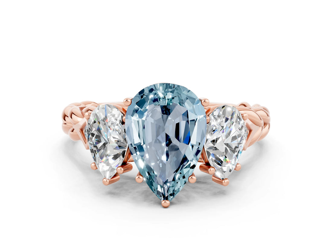 Rose gold Three-Stone Pear Cut Aquamarine Braided Band Ring with Four-Prong Setting_12