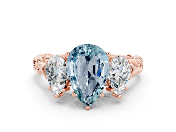Rose gold Three-Stone Pear Cut Aquamarine Braided Band Ring with Four-Prong Setting