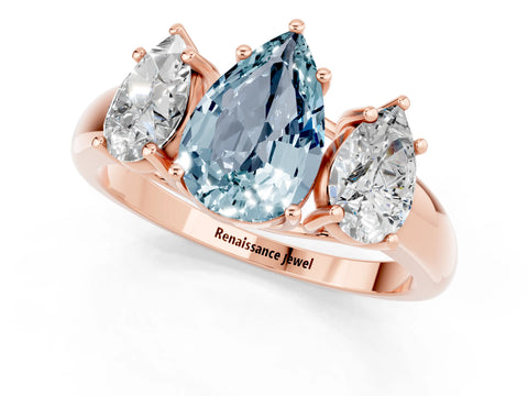 Rose gold Three-Stone Pear Cut Aquamarine Engagement Ring with Prong Setting_1