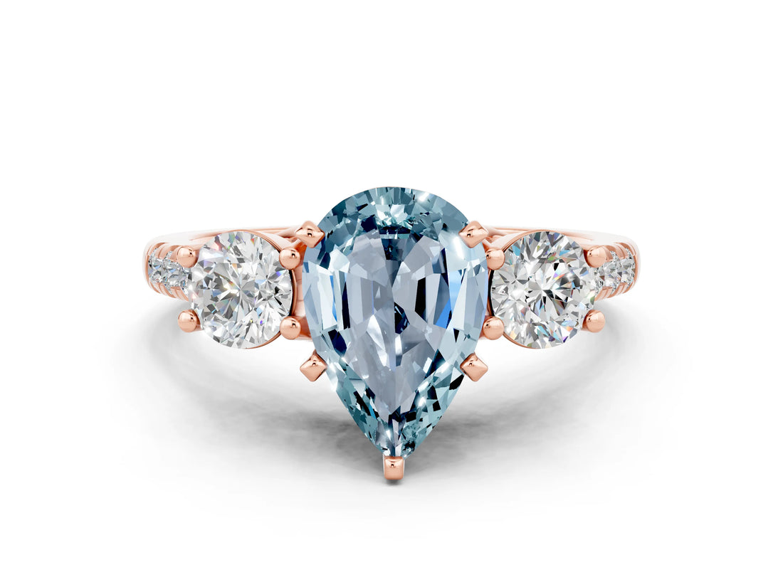 Rose gold Three-Stone Pear Cut Aquamarine Pavé Band with Four-Prong Setting