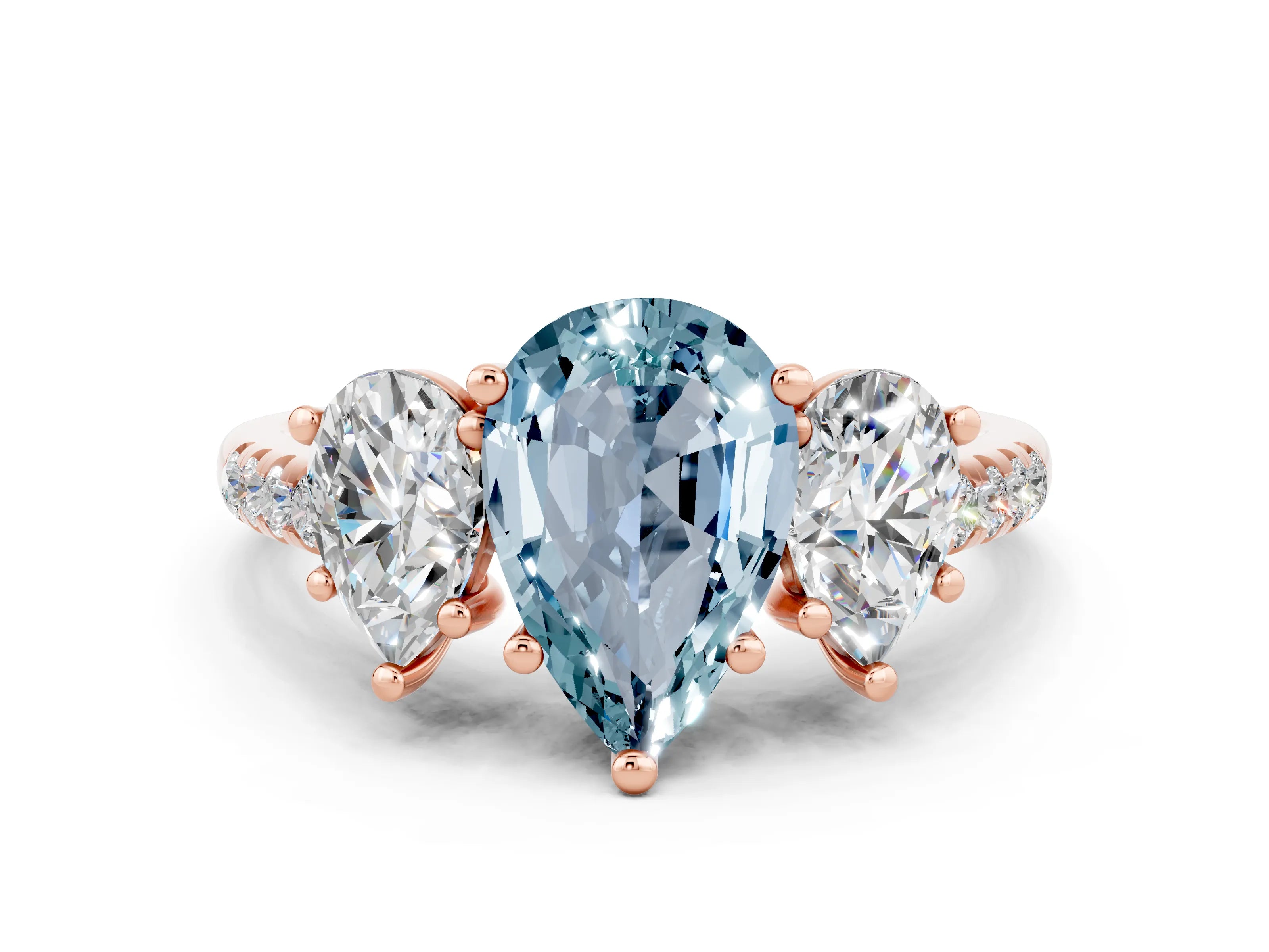 Rose gold Three-Stone Pear Cut Aquamarine Ring with Pavé Band and Prong Setting_12