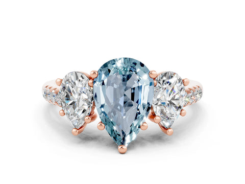Rose gold Three-Stone Pear Cut Aquamarine Ring with Pavé Band and Prong Setting_12
