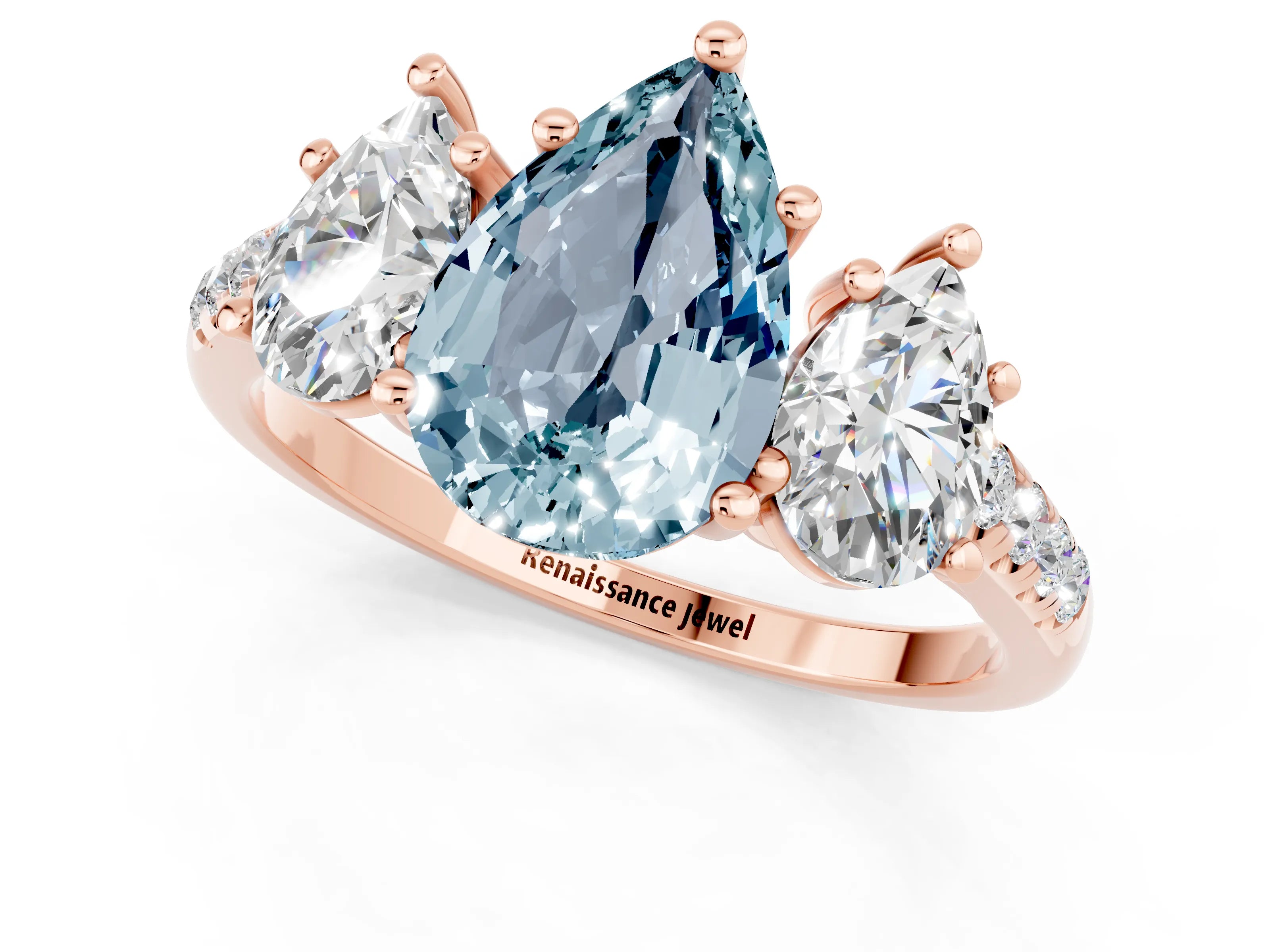 Rose gold Three-Stone Pear Cut Aquamarine Ring with Pavé Band and Prong Setting_13