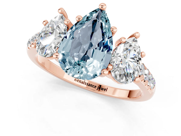 Rose gold Three-Stone Pear Cut Aquamarine Ring with Round  Pavé Band and Prong Setting
