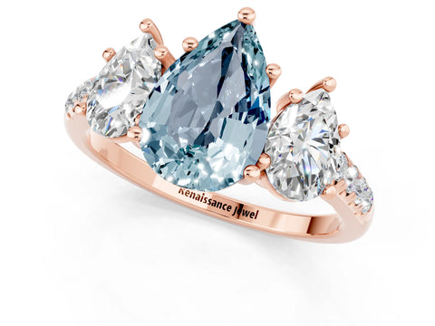 Rose gold Three-Stone Pear Cut Aquamarine Ring with Pavé Band and Prong Setting_13