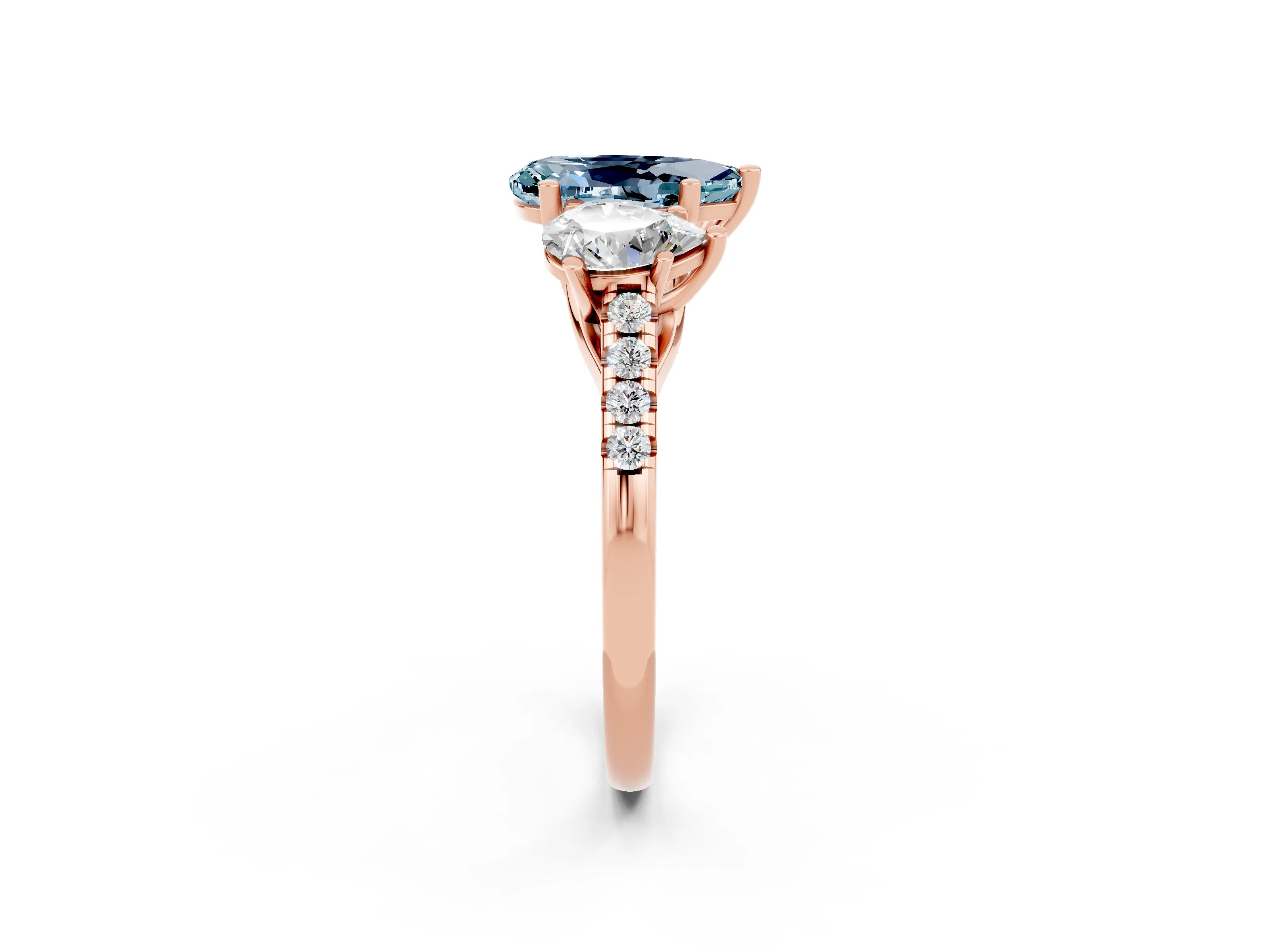 Rose gold Three-Stone Pear Cut Aquamarine Ring with Pavé Band and Prong Setting_14