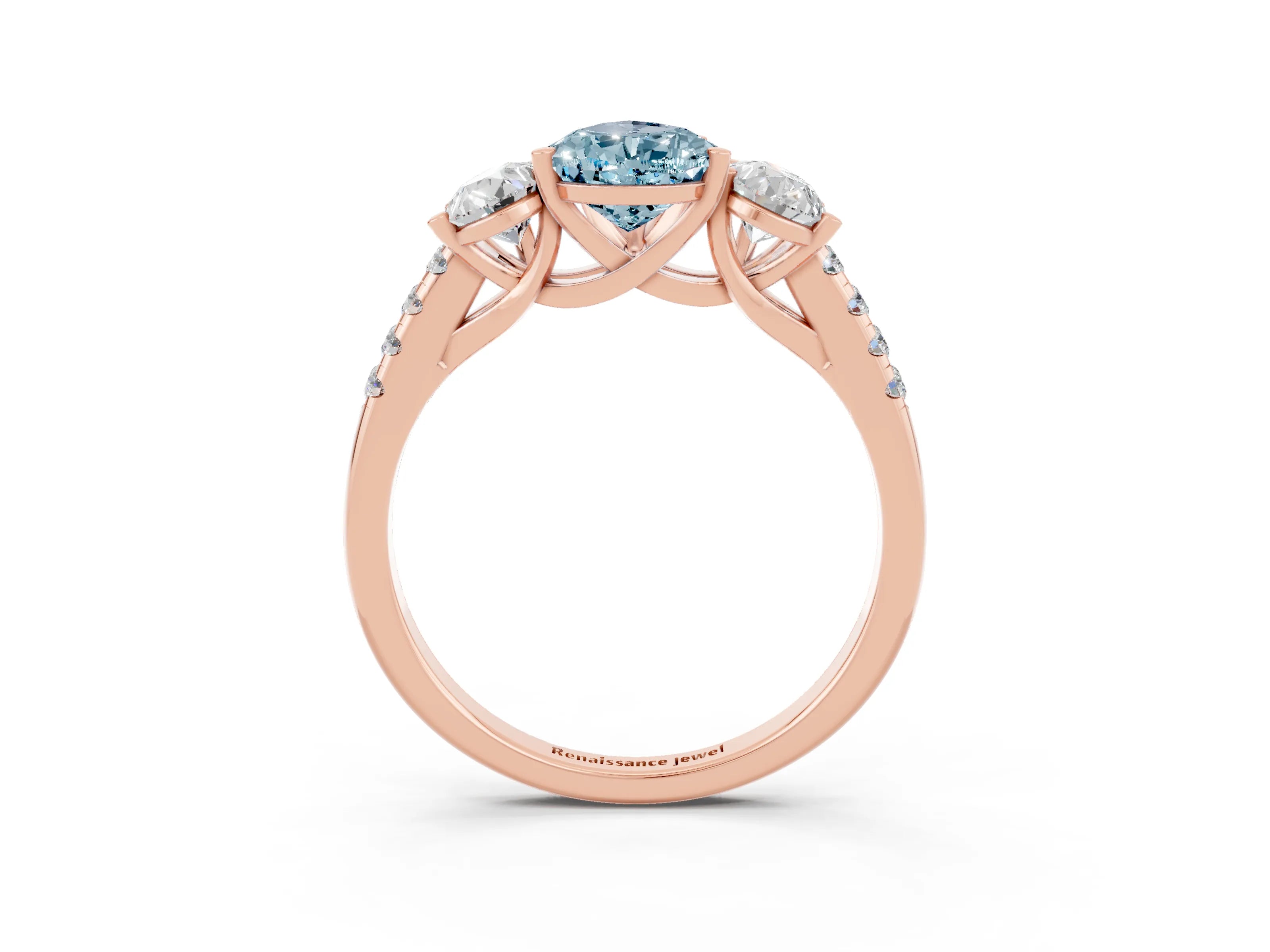 Rose gold Three-Stone Pear Cut Aquamarine Ring with Pavé Band and Prong Setting_15