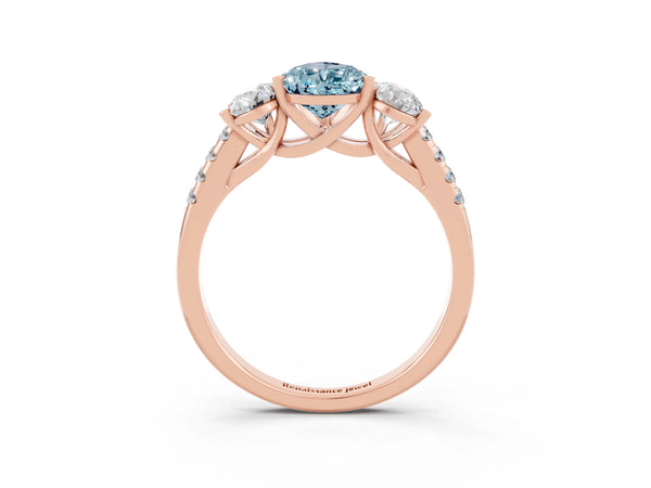 Rose gold Three-Stone Pear Cut Aquamarine Ring with Round  Pavé Band and Prong Setting