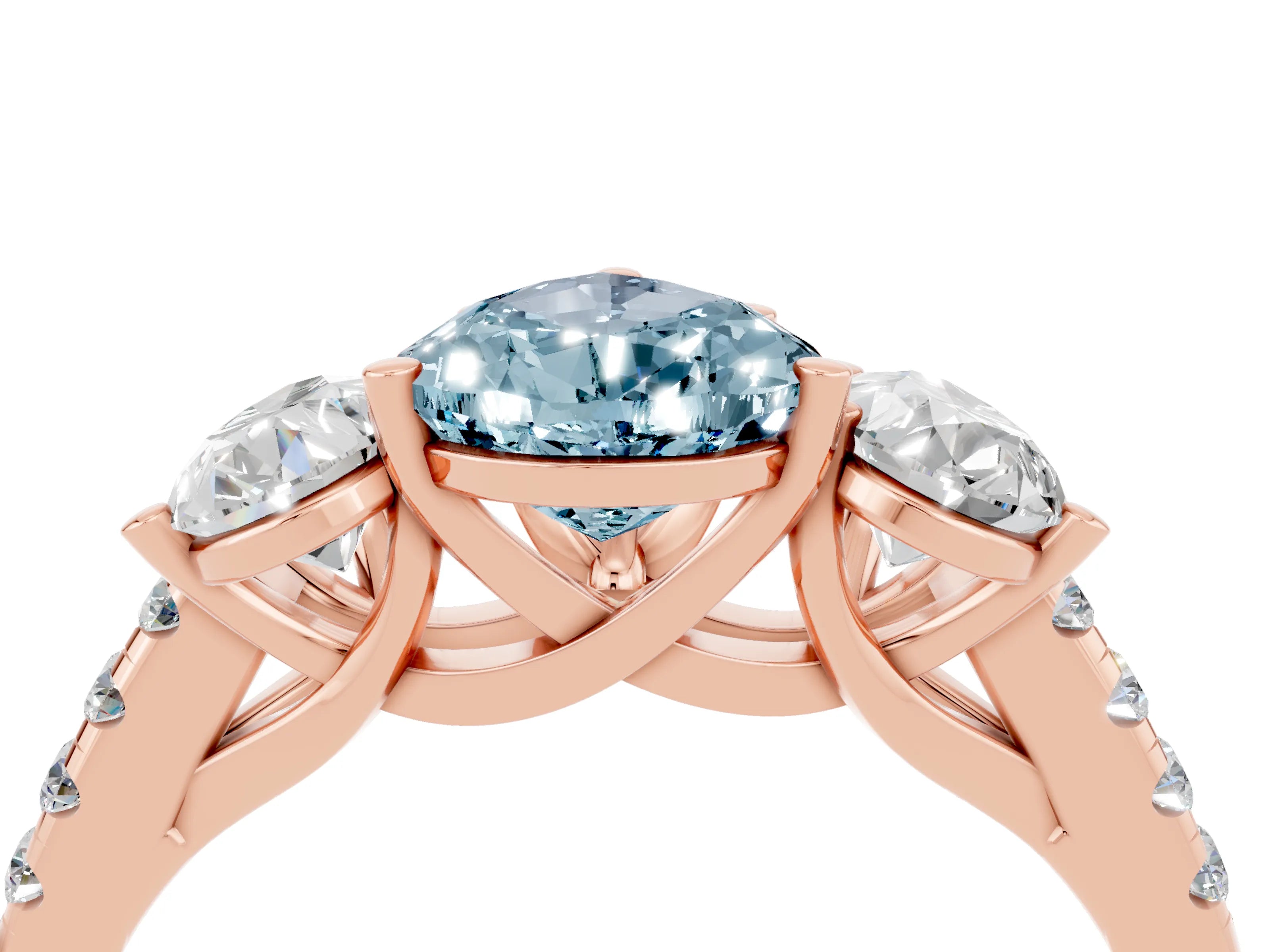 Rose gold Three-Stone Pear Cut Aquamarine Ring with Pavé Band and Prong Setting_16