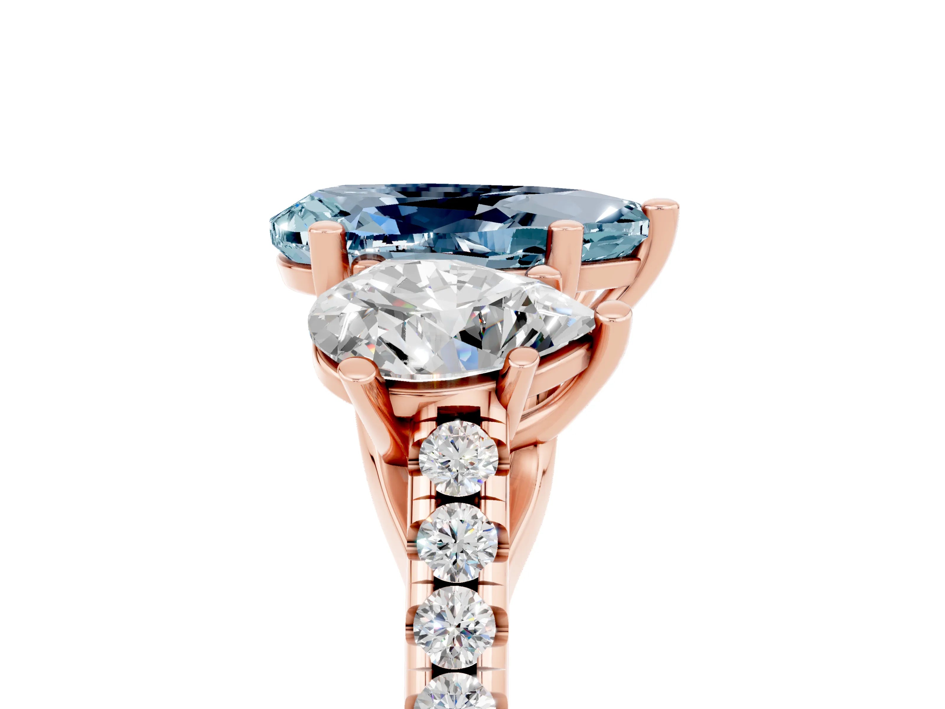 Rose gold Three-Stone Pear Cut Aquamarine Ring with Pavé Band and Prong Setting_17