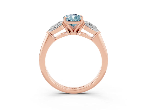 Rose gold Three-Stone Pear Cut Aquamarine Ring with Pear Side Stones and Four-Prong Setting