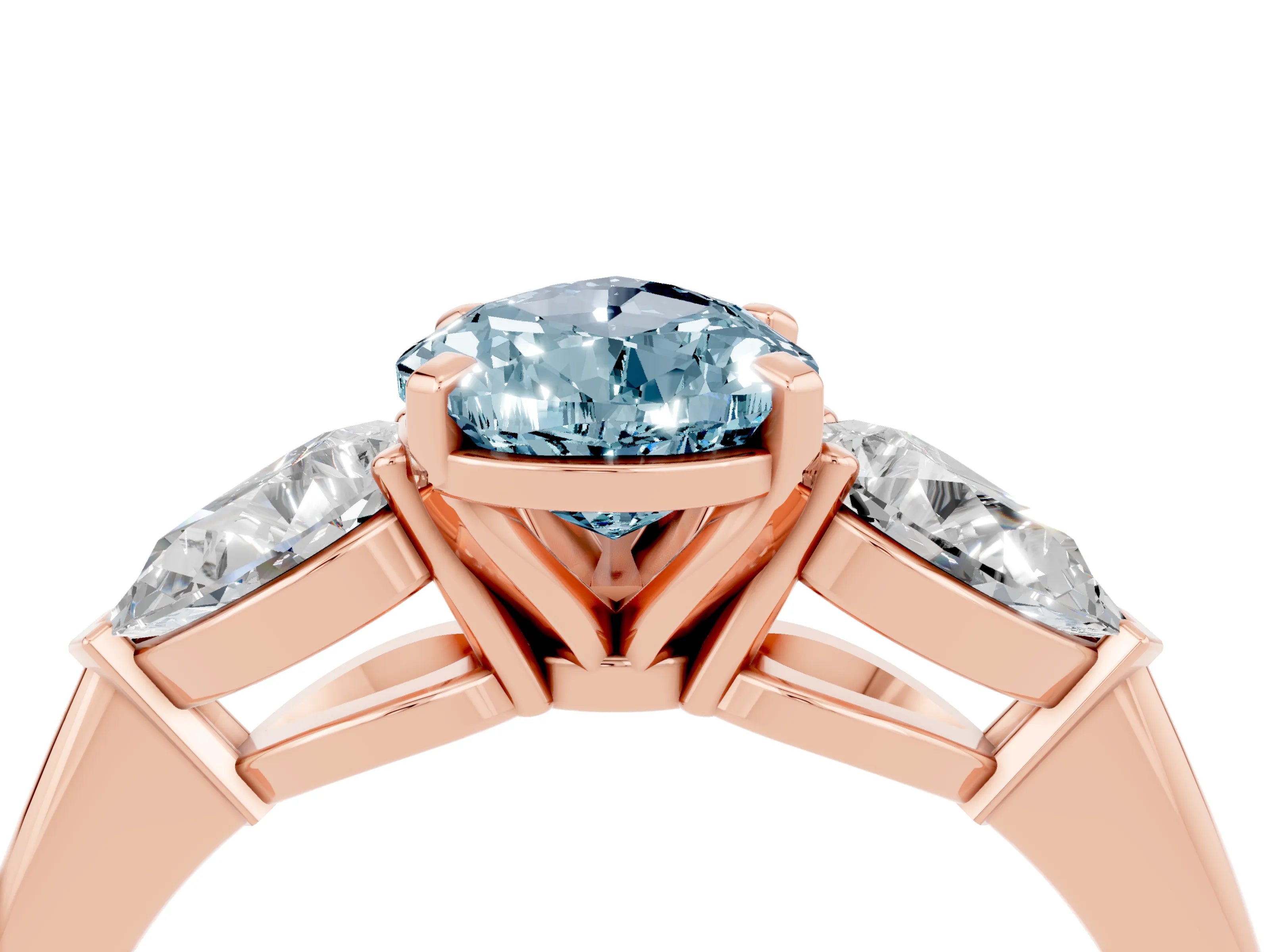 Rose gold Three-Stone Pear Cut Aquamarine Ring with Pear Side Stones and Four-Prong Setting_4