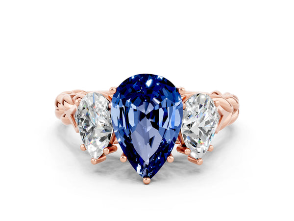 Rose gold Three-Stone Pear Cut Blue Sapphire Braided Band Ring with Four-Prong Setting