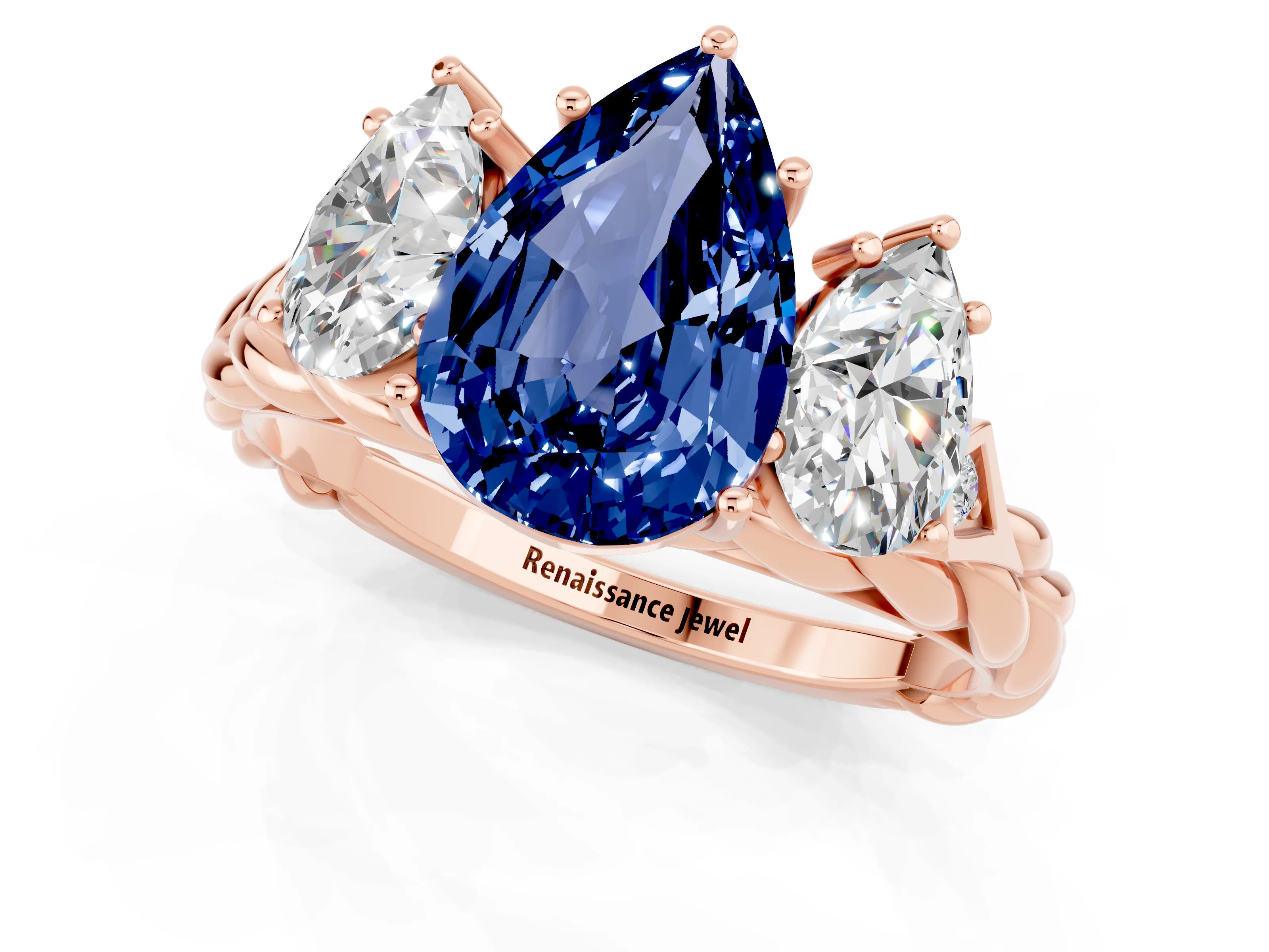 Rose gold Three-Stone Pear Cut Blue Sapphire Braided Band Ring with Four-Prong Setting_13