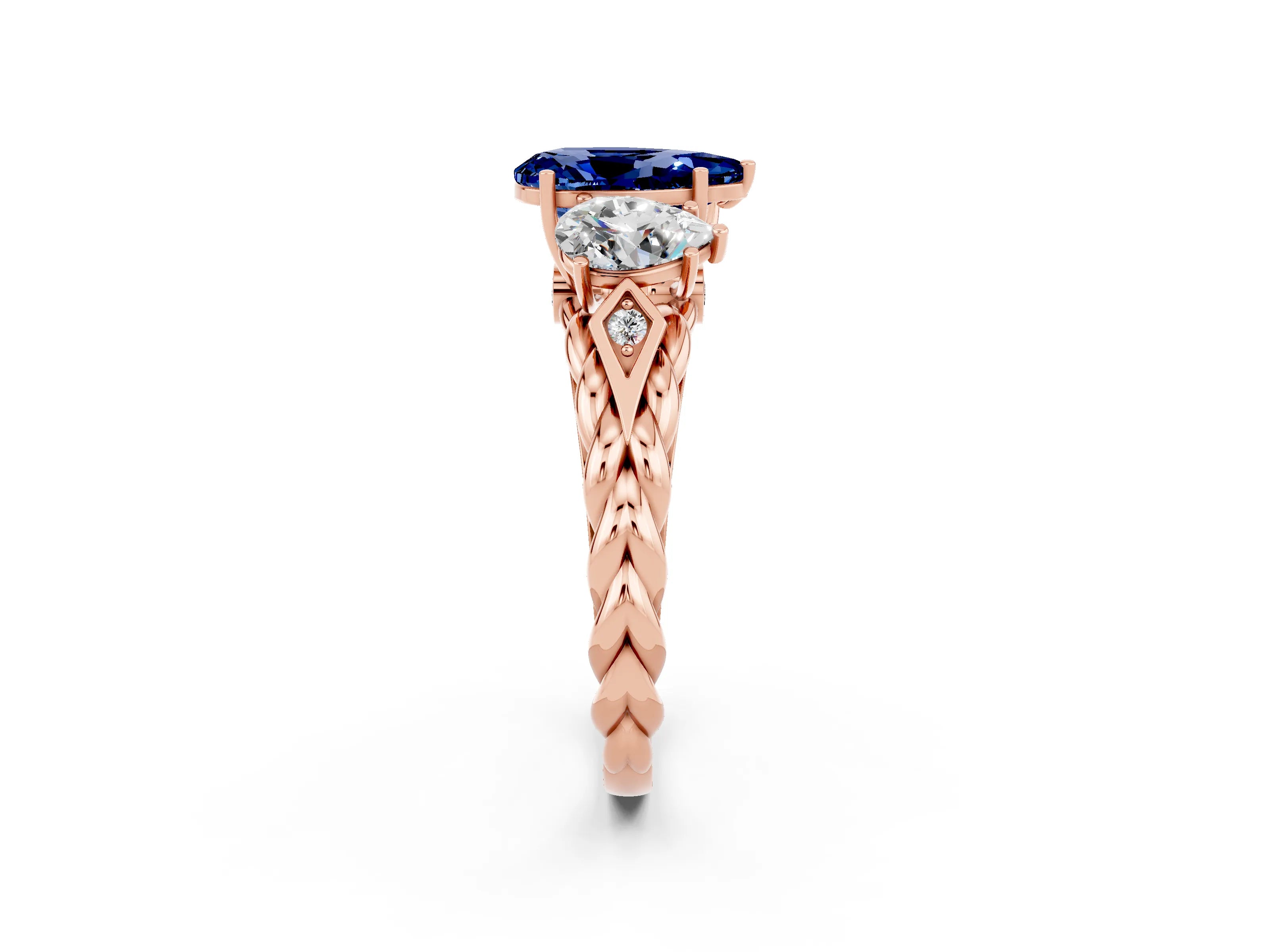 Rose gold Three-Stone Pear Cut Blue Sapphire Braided Band Ring with Four-Prong Setting_14