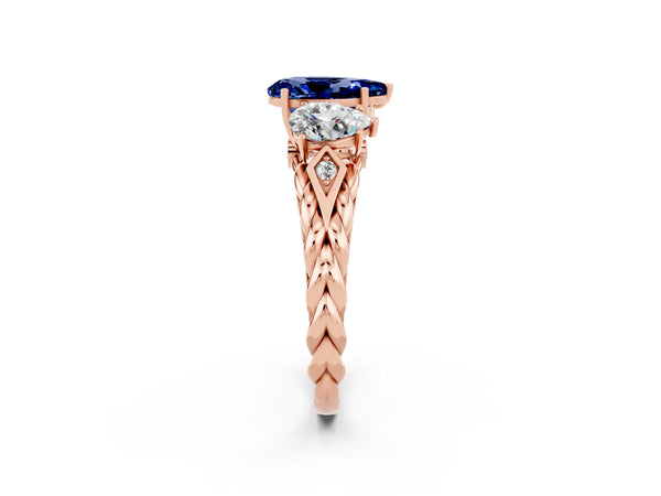 Rose gold Three-Stone Pear Cut Blue Sapphire Braided Band Ring with Four-Prong Setting