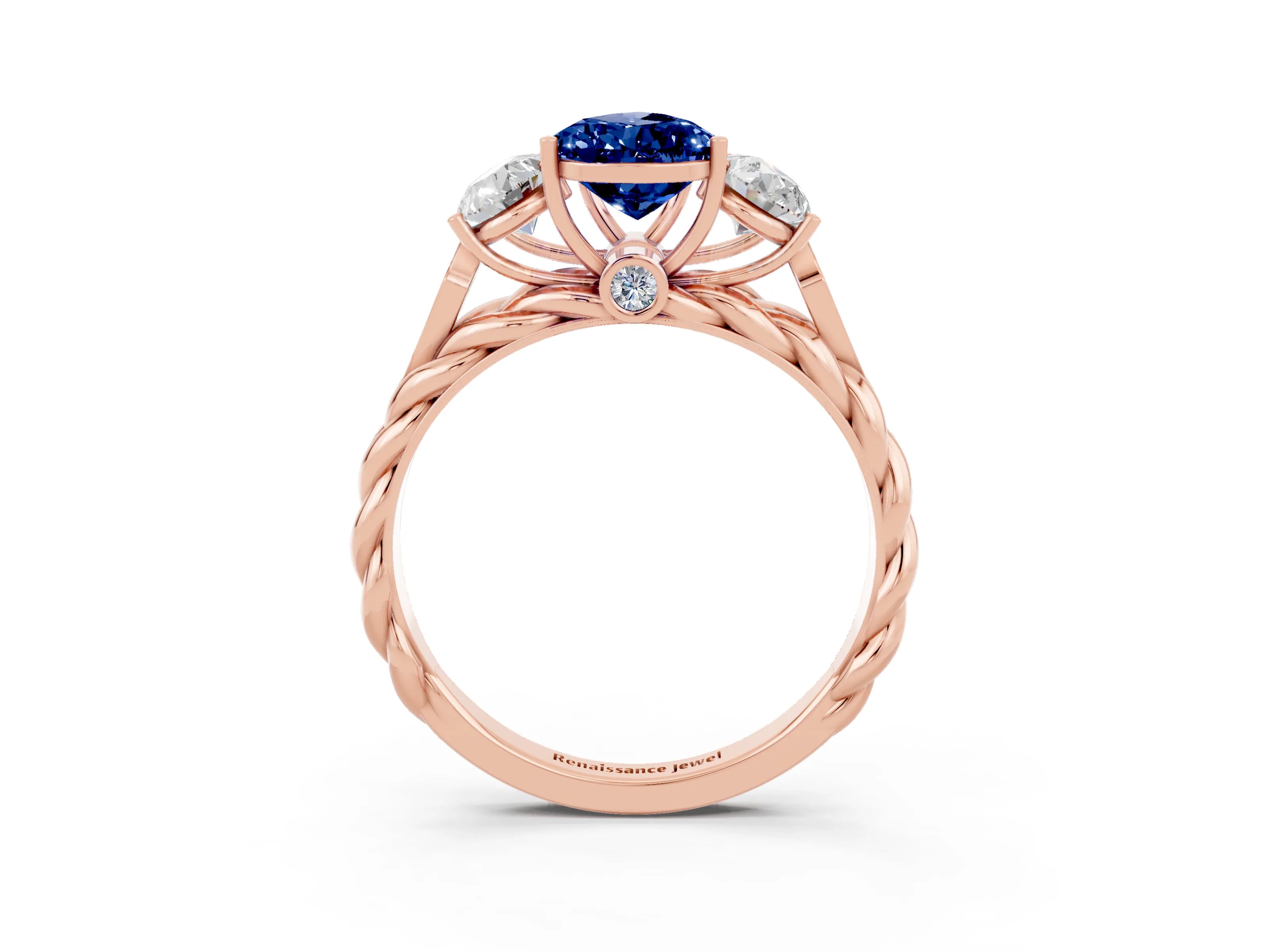Rose gold Three-Stone Pear Cut Blue Sapphire Braided Band Ring with Four-Prong Setting_15