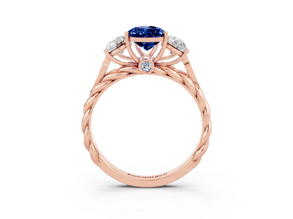 Rose gold Three-Stone Pear Cut Blue Sapphire Braided Band Ring with Four-Prong Setting